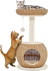 Yaheetech Arbre à Chat en Rotin Tour pour Chat en Peluche Design Moderne avec Cachette Coussin Souple Panier Supérieur Griffoir en Sisal 75 cm de Haut