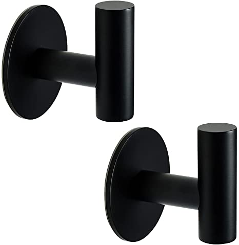 Self Adhesive Towel Hook Matte Black Coat Hook Brushed Nickel SUS304 Stainless Steel Heavy Duty Waterproof Towel Robe Clothes Hook Holder for Bathroom Kitchen Office Hotel Pool Wall Mounted Hook-2Pack