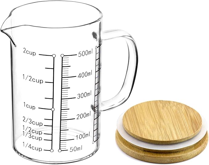 QWORK Glass Measuring Cup, 500ML (18 Oz, 2 Cup), High Borosilicate Glass Scale Cup with Handle and Durable Bamboo Lid, for Kitchen or Restaurant