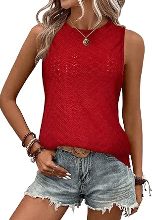 Zeagoo Tank Tops for Women Sleeveless Eyelet Shirts High Neck Cute Summer Top Loose Fit S-XXL