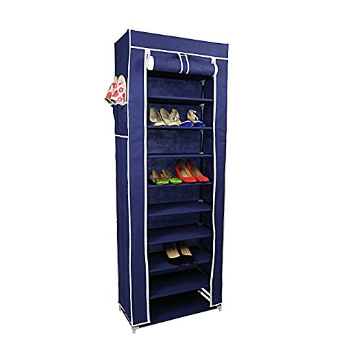 Smart-Home 10 Tiers Shoe Rack with Dustproof Cover Closet Shoe Storage Cabinet Organizer [Blue, 64"x24"x 12" (LxWxD)] …