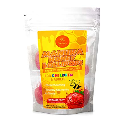 Manuka Honey Throat Soothing Immunity Lollipops for Children and Adult - Safe Alternative to Cough Drops and Lozenges - Strawberry