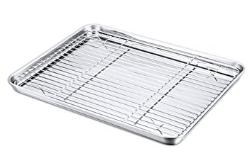 Baking Sheet and Rack Set, P&P Chef Stainless Steel Cookie Sheet Baking Pan Tray with Cooling Rack, Rectangle 16''x12''x1'', Healthy & Dishwasher Safe