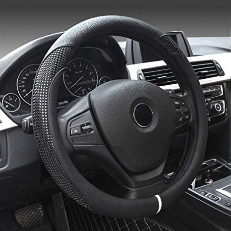 ontto Universal Leather Steering Wheel Cover Bling Bling Skidproof Anti-dust Fit 15 Inch (Black)