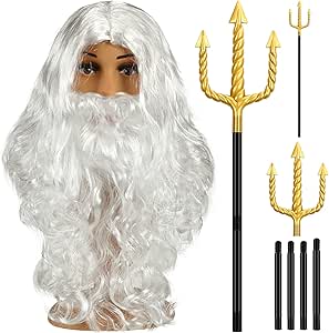 Wig and Beard Set Trident Santa Hair Beard Fancy Dress Costume Halloween Cosplay Golden Spear Prop Weapon Staff Accessories for Teens and Adults