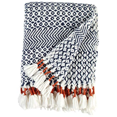 Rivet Modern Hand-Woven Stripe Fringe Throw Blanket, 50" x 60", Navy