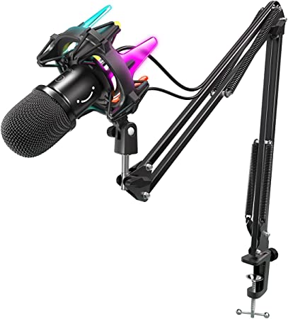 FIFINE USB Dynamic Computer Microphone Kit with Quick Mute, Adjustable Boom Arm, RGB Shock Mount, LED Indicator, Cardioid Mic Set for Game Podcast Stream YouTube, Plug & Play for PC PS4 PS5-K651