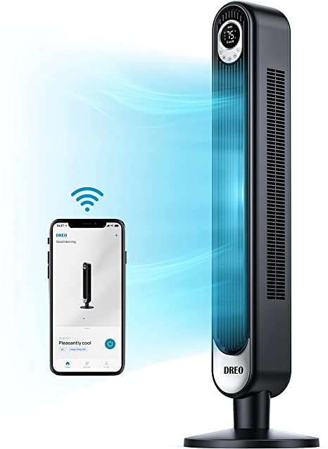 Dreo WiFi Voice Control Tower Fan, Works with Alexa/Google, Oscillating Floor Fan with 6 Speeds, 4 Modes, 12-Hour Timer, LED Display, Indoor Bladeless Standing Fans for Bedroom Home Office with Remote