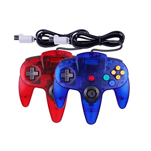 Joxde 2 Packs Joystick Classic Wired Controllers Compatible N64 Gamepad Console (Clear Bule Clear Red)
