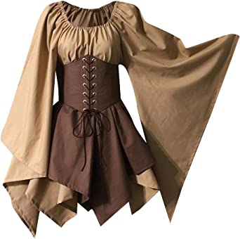 Women's Renaissance Medieval Costume Flare Sleeve Corset Skirt Overskirt Elven Archer Fancy Dress Irish Over Gown 2pcs Set