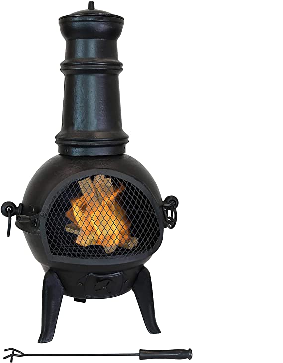 Sunnydaze Black Pot Belly Cast Iron Outdoor Chiminea - Wood-Burning Fire Pit with Wood Grate and Fire Poker - Backyard Patio Metal Outside Fireplace - 34-Inch