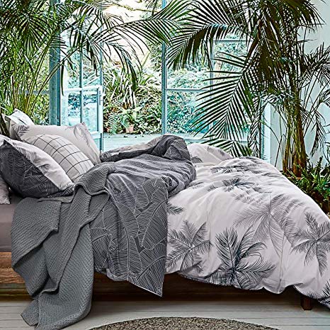 ECOCOTT 3 Pieces Duvet Cover Set Queen 100% Natural Cotton 1 Duvet Cover 2 Pillowcases,White and Dark Blue Palm Leaves Reversible Printed Pattern Soft Cozy Luxury Breathable and Durable Bedding Set