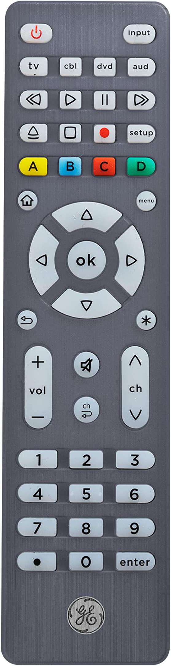 GE Backlit Universal Remote Control for Samsung, Vizio, LG, Sony, Sharp, Roku, Apple TV, TCL, Panasonic, Smart TV, Streaming Players, Blu-Ray, DVD, Simple Setup, 4-Device, Graphite, 48848