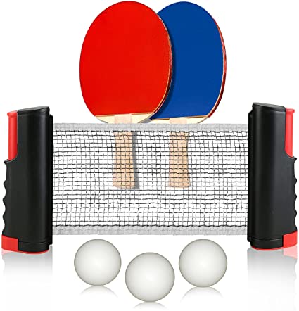 Retractable Table Tennis Net and Post Set for Any Table, 2 Ping Pong Paddles and 3 Balls,Includes Convenient Portable Drawstring Bag, Play Almost Anywhere for Kids,Adult