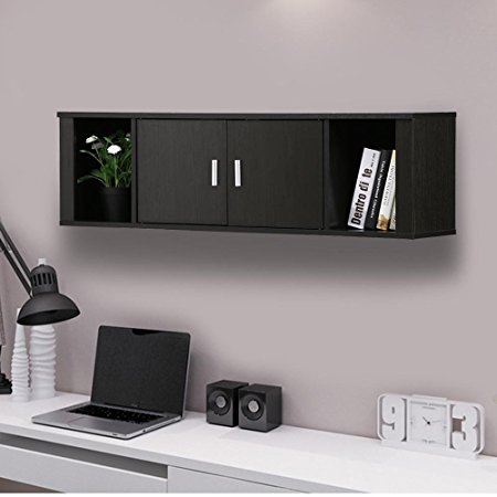 Yaheetech 2 Cube Wall Mounted Media Storage Cabinet 2 Door Floating Console Hutch Black