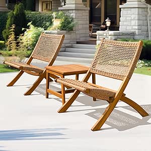 IDZO 400lbs Capacity Twisted Wicker Foldable Reclining Bistro Set of 3, FSC Certified Acacia Wood Patio Furniture Set for Outdoor and Indoor