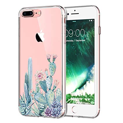 LUOLNH For iPhone 8 Plus Case,iPhone 7 Plus Case with flowers,Slim Clear Chrome Gold Floral Pattern Soft Flexible TPU Back Cover Case for iPhone 8 Plus/iPhone 7 Plus -Cactus flower