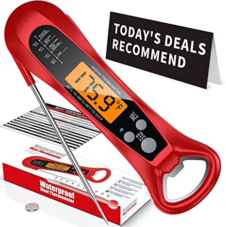 Meat Thermometer Intelligent Fast Instant Read for Grill and Cooking. IP67 Waterproof Ultra Fast Thermometer with Backlight & Calibration. Digital Food Probe Kitchen, Outdoor Grilling and BBQ!-Red