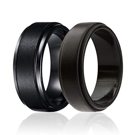 SOLEED Twins - Set of 2-1 Tungsten Wedding Band and 1 Silicone Rubber Wedding Ring for Men, Classic Style
