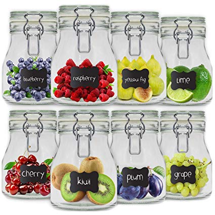 8 x Glass Jar Storage Set | 8 x 800 ml | with Airtight Clip Top Lid | Kitchen Container for Flour Pasta Food Preserving | 12 Reusable Stickers & 1 Anti-Dust Chalk