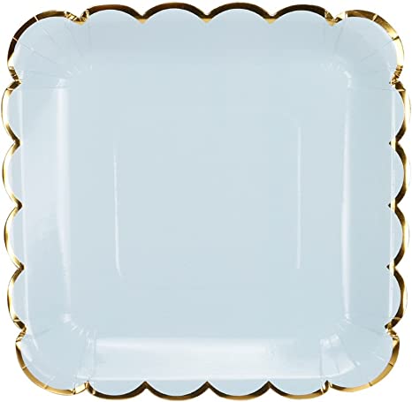 Geeklife Square Paper Plates with Sparkly Gold Foil Border ,9 inch Paper Dessert Plates , Elegant Blue Decorative Party Plates Set , 20 count