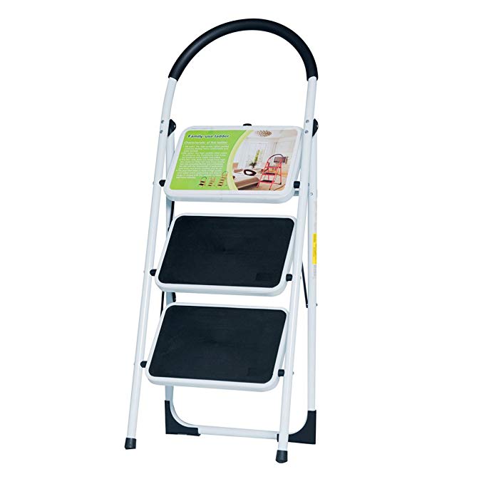 Good Life EN131 Folding 3 Step Ladder Home Depot Steel Step Ladders Lightweight 300 lb Capacity with Hand Grip Anti-Slip and Wide Pedal HMI093