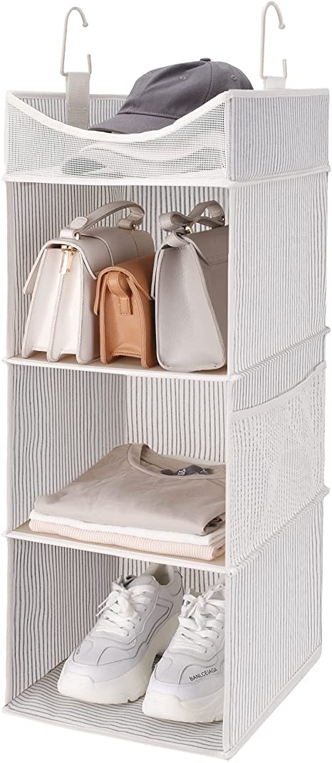 StorageWorks Hanging Closet Organizer, 3-Shelf Hanging Closet Shelves with Top Shelf, 12" W x 12" D x 31" H, Extra-Large Space, Gray and White Stripes