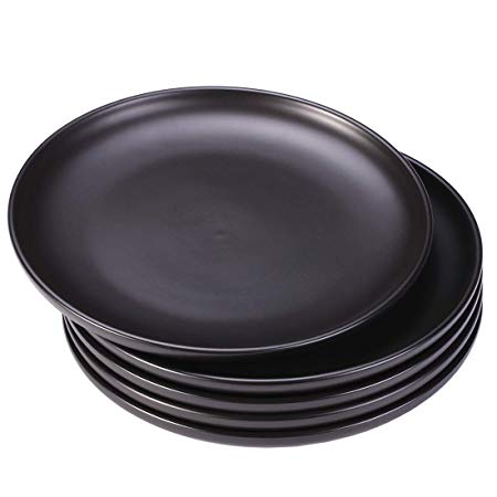 BonNoces 8-inch Porcelain Dinner Plates, Elegant Matte Glaze Finish Round Serving Plate for Pasta, Snack and Salad, Set of 5 (Matte Black)