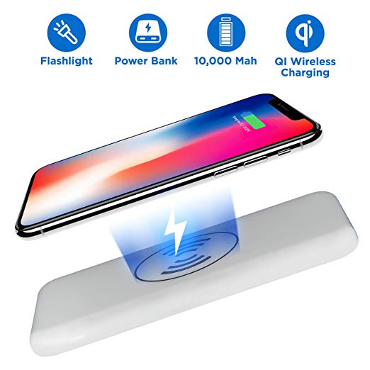 Wireless Portable Charger Charging Power Bank QI Compact Slim Fast Charging Battery Pack Compatible with iPhone X, iPhone 8, 8 Plus, Samsung Galaxy S9 S8 S7, Note 8 7, 10000 mAh, White