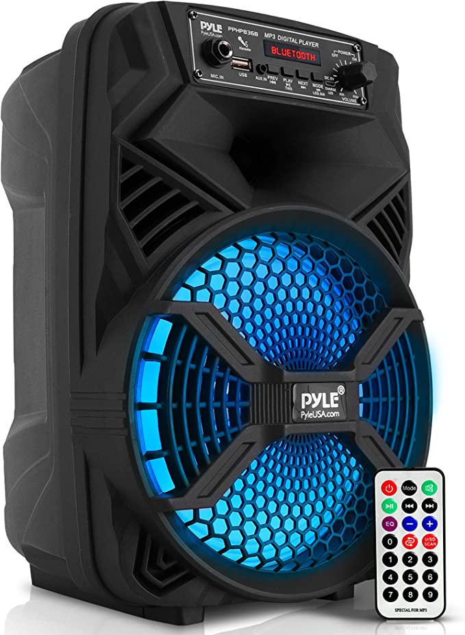 Portable Bluetooth PA Speaker System - 300W Rechargeable Outdoor Bluetooth Speaker Portable PA System w/ 8” Subwoofer 1” Tweeter, Microphone In, Party Lights, MP3/USB, Radio, Remote - Pyle PPHP836B