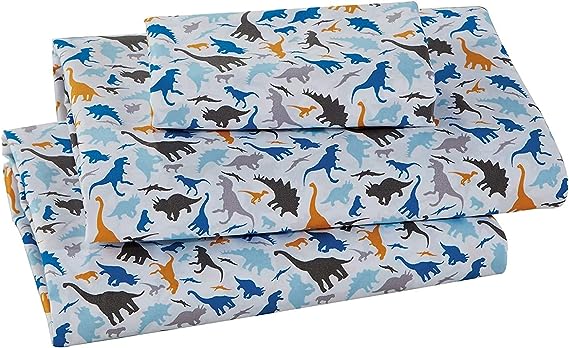 Better Home Style Dinosaur World White Blue Grey and Tan Kids/Boys/Toddler 4 Piece Sheet Set with Pillowcases Flat and Fitted Sheets # Royal Dino (Full)