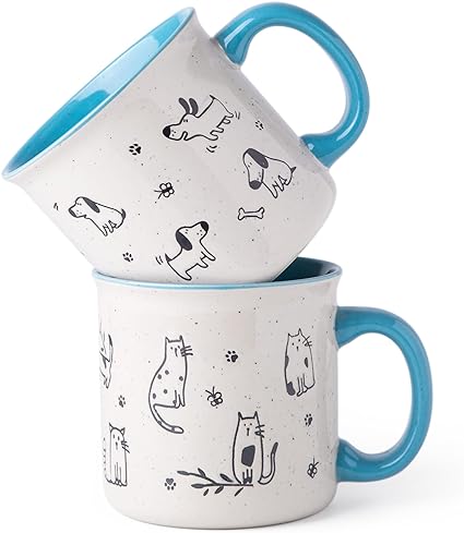 AmorArc 22 OZ Large Ceramic Coffee Mugs Set of 2, Oversized Mugs With Big Handle for Men Women Dad Mom, Big Mug With Textured Dogs Cats Patterns for Office & Home -Microwave Safe, 2 Pcs-Blue