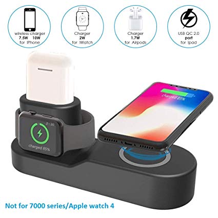 Wireless Charger 4 in 1 Wireless Charging Stand Station Compatible with Apple Watch 3/2/1 Airpods iPhone Samsung Galaxy S9 All Qi-Enabled with USB Adapter Organizer Dock