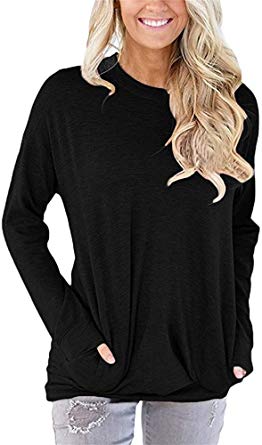 Womens Sweatshirts Long Sleeve Pullover Tshirt Pockets Casual Loose Blouse Tops