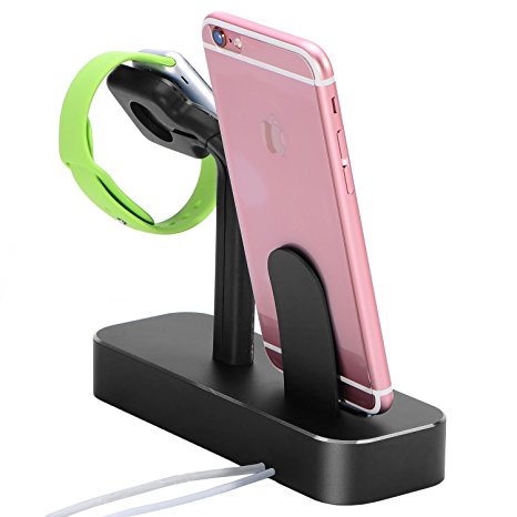 Apple Watch Series 2 Stand,MNever-Never 2 in 1 Aluminum Charging Stand Dock Station NightStand Cradle Holder for Apple Watch & iPhone 7 SE/5/5s/6/6S/Plus (Black)