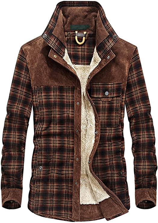 Haellun Men's Long Sleeve Sherpa Lined Shirt Jacket Flannel Plaid Fleece Coats