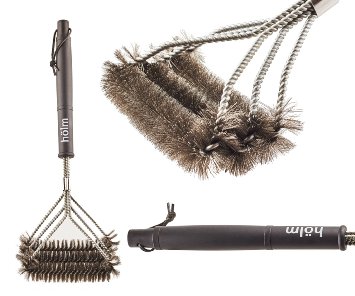 Wire Grill Brush with Hanging Loop - Triple Bristled Stainless Steel Barbeque Cleaner with 18" Handle - 3 in 1 Grate Cleaner with Bonus Basting Brush - Great for charcoal, gas, or electric grills