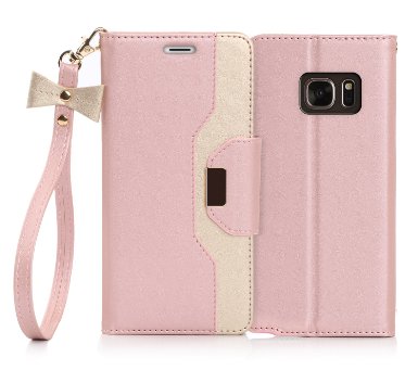 Galaxy Note 7 Case, Note 7 Case, FYY [Makeup Mirror] Premium PU Leather Samsung Galaxy Note 7 Wallet Case with Cosmetic Mirror and Bow-knot Strap Rose Gold Gold