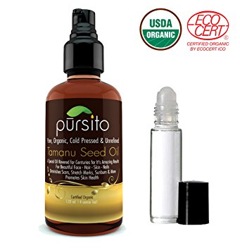 Organic Tamanu Seed Oil and Treatment Roller, Pure Cold Pressed & Unrefined For Skin, Nails, Face, Hair & Scars by Pursito 120 ml (4 oz) Foraha Nut Seed Oil, Certified Organic by ECO Cert ICO