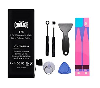 Cooligg Battery for iPhone 5S/5C Replacement Repair Kit Incl. Tool and Adhesive Strips Video Guide 1560mAh (for iPhone 5S/5C)