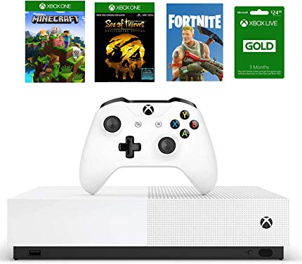 Xbox One S 1TB All-Digital Edition Bundle, Xbox One S 1TB Disc-free Console, Wireless Controller, Download Codes for Minecraft, Sea of Thieves and Fortnite Battle Royale, 3-month Xbox Live Gold Card