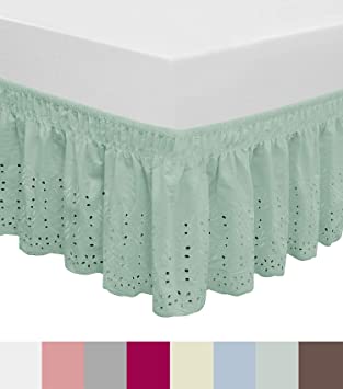 QSY Home Wrap Around Elastic Eyelet Bed Skirts Dust Ruffle Three Fabric Sides Easy On/Easy Off Adjustable Polyester Cotton 14 1/2 Inches Drop(Light Green Queen/King)