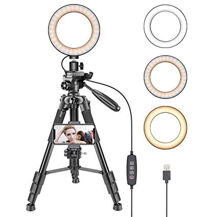 Neewer 6-inch LED Ring Light with Tripod Stand and Phone Holder Clamp for Live Stream Makeup Selfie YouTube Video Shooting with 3 Light Mode, 11 Brightness Level, Adjustable Aluminum Alloy Tripods