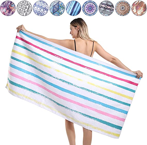 Agetp Microfiber Rectangle Beach Towel Blanket - Sand Free Pool Towels Quick Dry Super Absorbent Lightweight Oversized Large Towels for Travel Swimming Bath Yoga Gym Camping (Color Stripes,L)