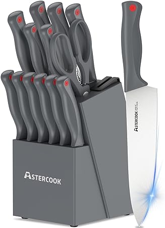 Astercook Knife Set with Built-in Sharpener Block, Dishwasher Safe Kitchen Knife Set with Block, 14 Pcs High Carbon Stainless Steel Knife Block Set Grey