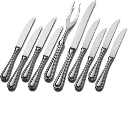 Gourmet Basics by Mikasa 5184106 Vintage Bead 10-Piece Hollow Handle Stainless Steel Carving Set with Carving Fork, Carving Knife and Steak Knives, Service for 8