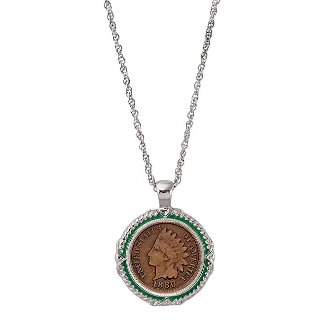 American Coin Treasures 1800's Indian Head Penny Green Enamel Coin Pendant Necklace