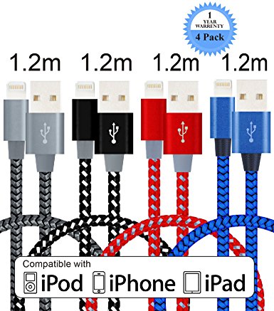 LOVRI 4 pack 1.2M Nylon Braided Charging Cable Cord 8Pin Lightning to USB Cable Charger Compatible with iPhone7/7 Plus/6/6s/6 plus/6s plus,iPhone 5/5s/5c,iPad,iPod and More (4 pcs different colors)