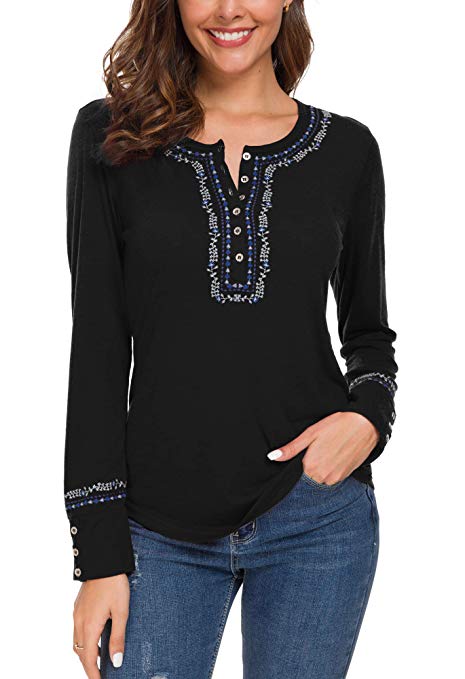 Urban CoCo Women's Long Sleeve Boho Shirt Embroidered Top