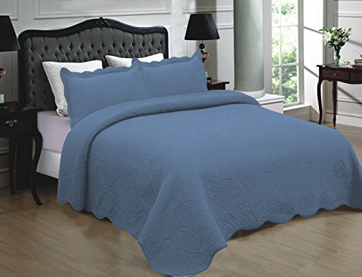 Mk Collection 3pc Quilted bedspread Embroidery Solid 100% Cotton New (Full/Queen, Blue)